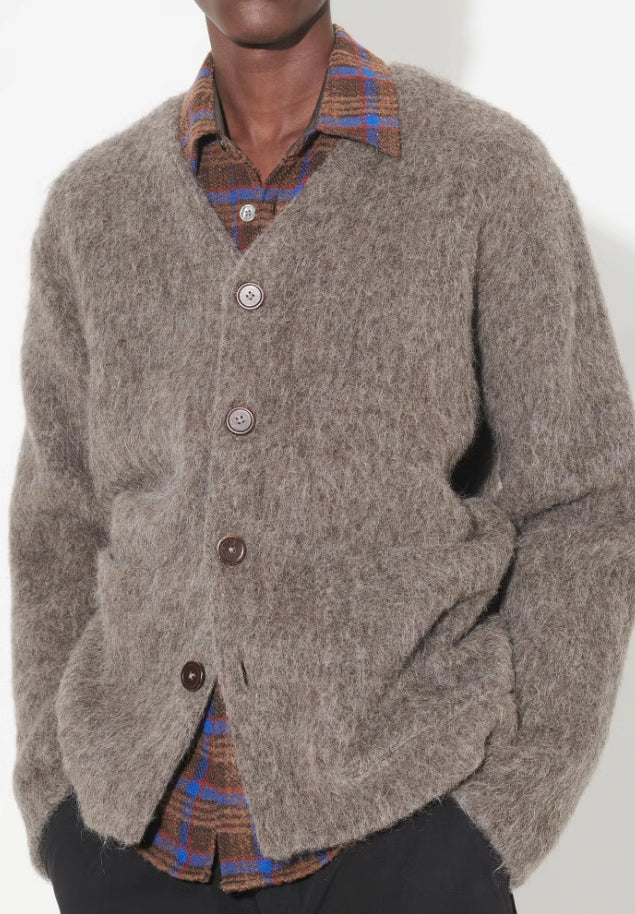 Our Legacy Gray-Brown Mohair Cardigan Wool Blend Knitted Long Sleeve V-Neck Sweater