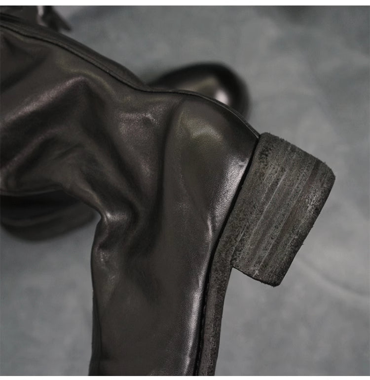 Guidi Horse Leather Distressed Chunky Heel Mid-Calf Ankle Boots PL1/2 Front-Zip