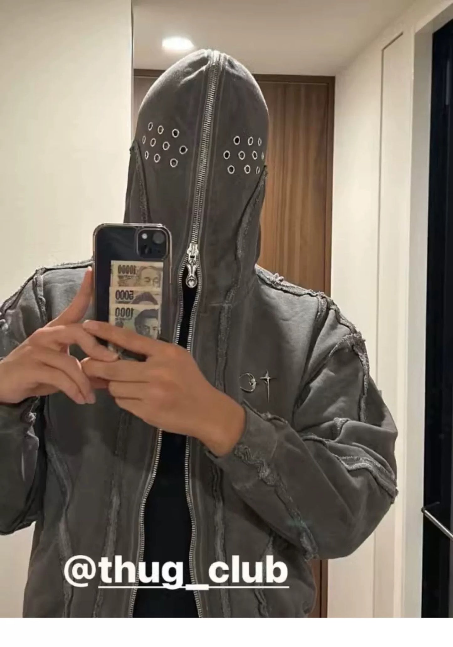 THUG CLUB Washed Wax-Dye Shark Mask Zip-Up Hoodie Outerwear Jackets