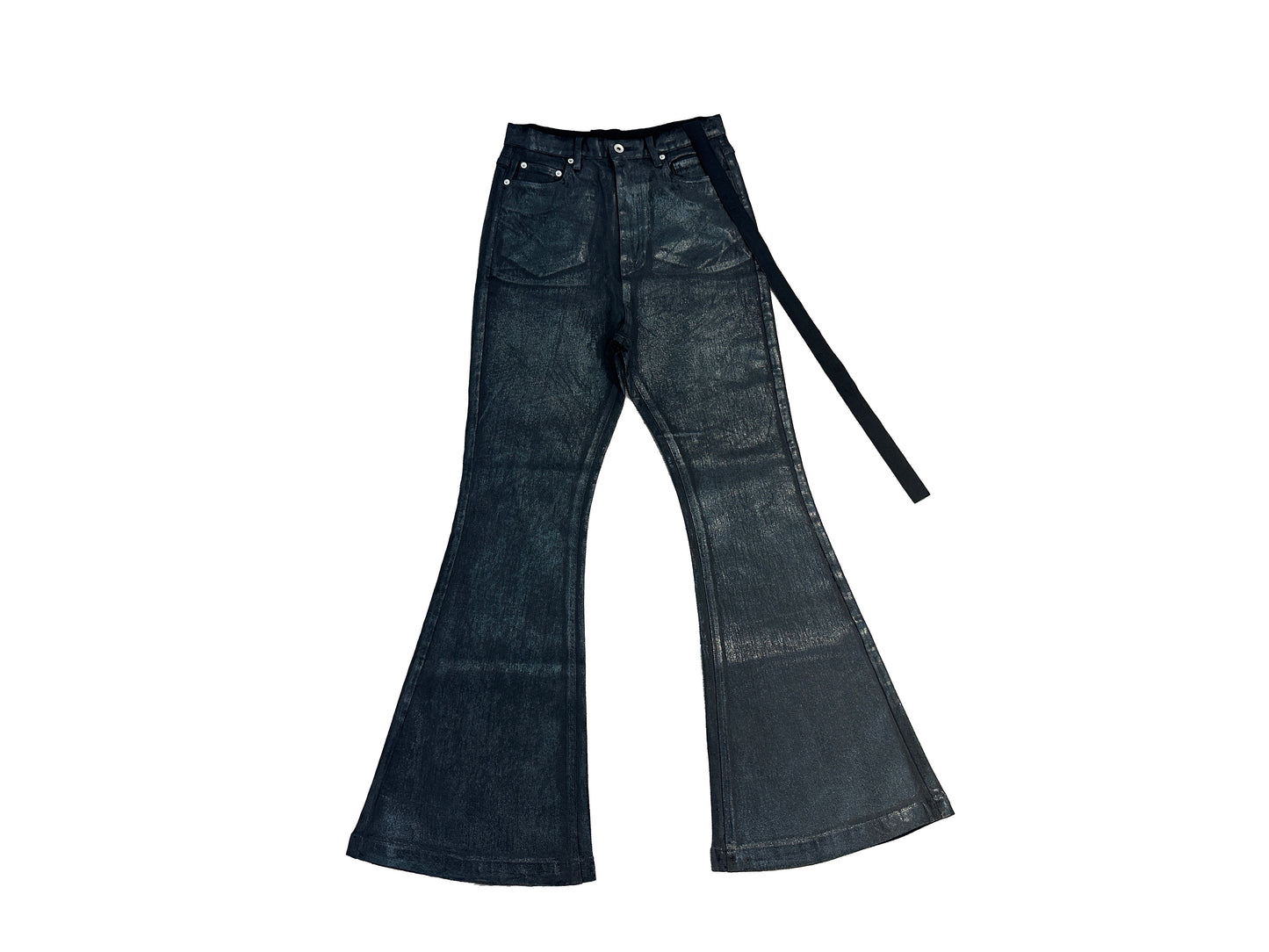 Rick Owen ACBT Dark Waxed Black Denim Pants – High Stretch Flared Wide-Leg Trousers - Size avaliable 28~34