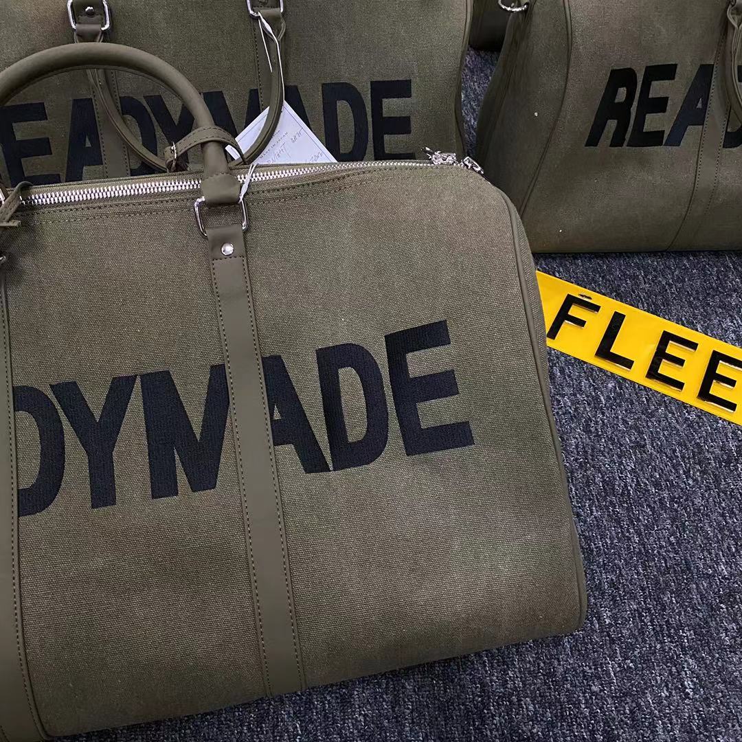Readymade Overnight Bag - Army Green Canvas Embroidered Travel Bucket Gym Bag - Green