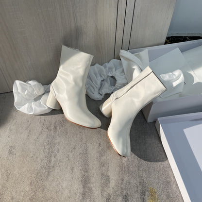 25AW Women’s Tabi Heel Boots - 8cm Stiletto Calfskin Split-Toe Ankle Boots