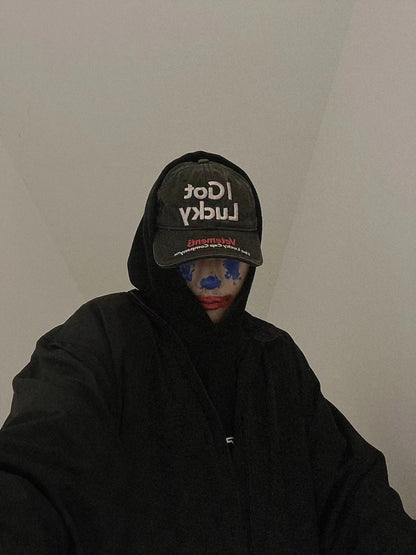 Vetements 22FW Washed Gray Embroidered Baseball Cap ’I Got Lucky’ Long Brim Hat