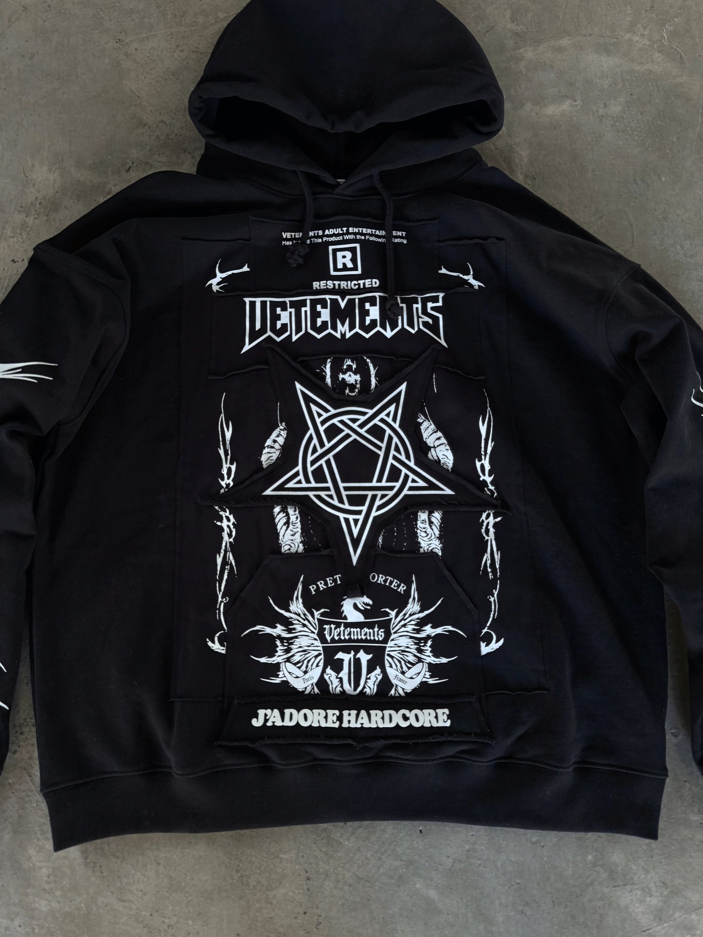 Vetements Oversized Hoodie J’adore Hardcore Patchwork Black Patched Logo