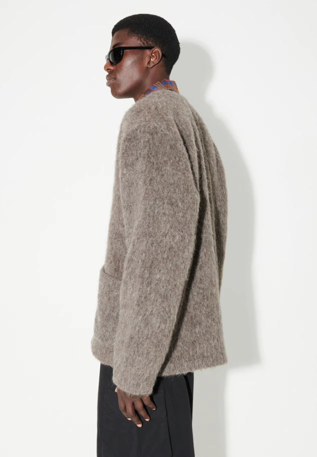 Our Legacy Gray-Brown Mohair Cardigan Wool Blend Knitted Long Sleeve V-Neck Sweater