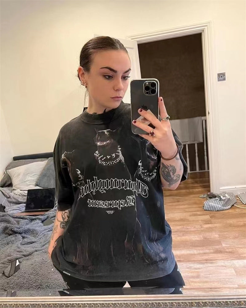 REPRESENT Washed Distressed Doberman Shark Short-Sleeve T-Shirt FOG