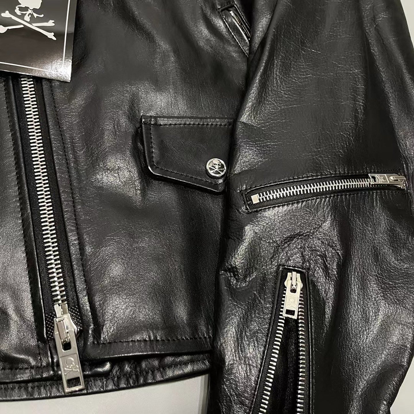 MASTERMIND Skull Embroidery Cowhide Biker Jacket - Luxury Darkwear
