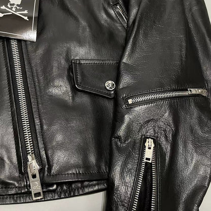 MASTERMIND Skull Embroidery Cowhide Biker Jacket - Luxury Darkwear