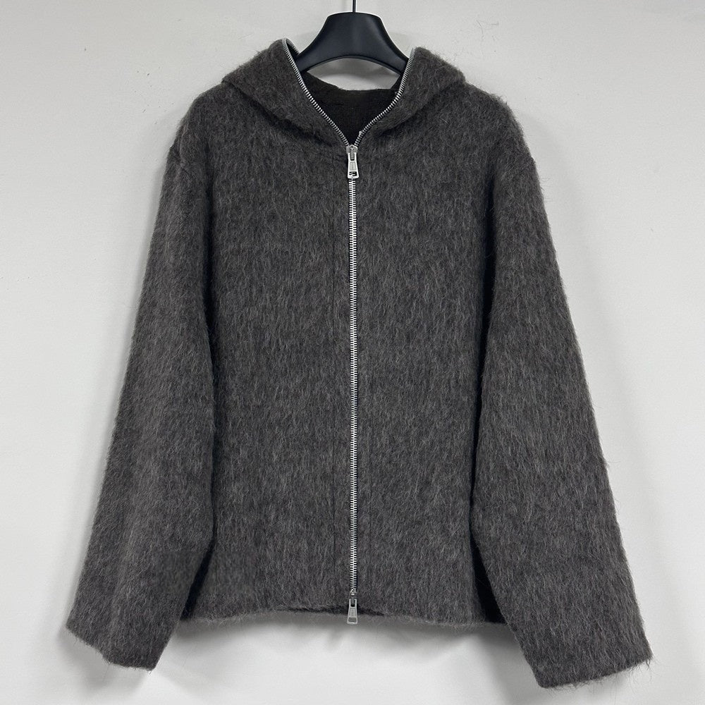 Our Legacy Grey Mohair Zip Cardigan – Wool Blend Relaxed Hooded Knit
