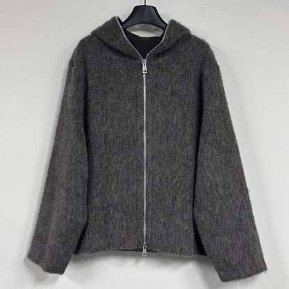 Our Legacy Grey Mohair Zip Cardigan – Wool Blend Relaxed Hooded Knit