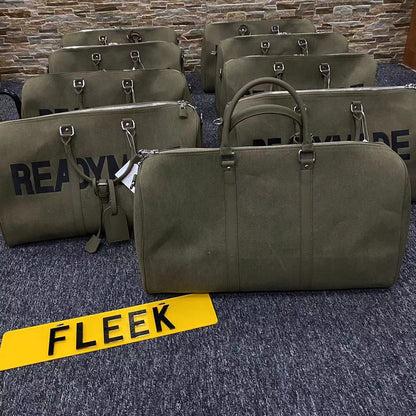 Readymade Overnight Bag - Army Green Canvas Embroidered Travel Bucket Gym Bag - Green