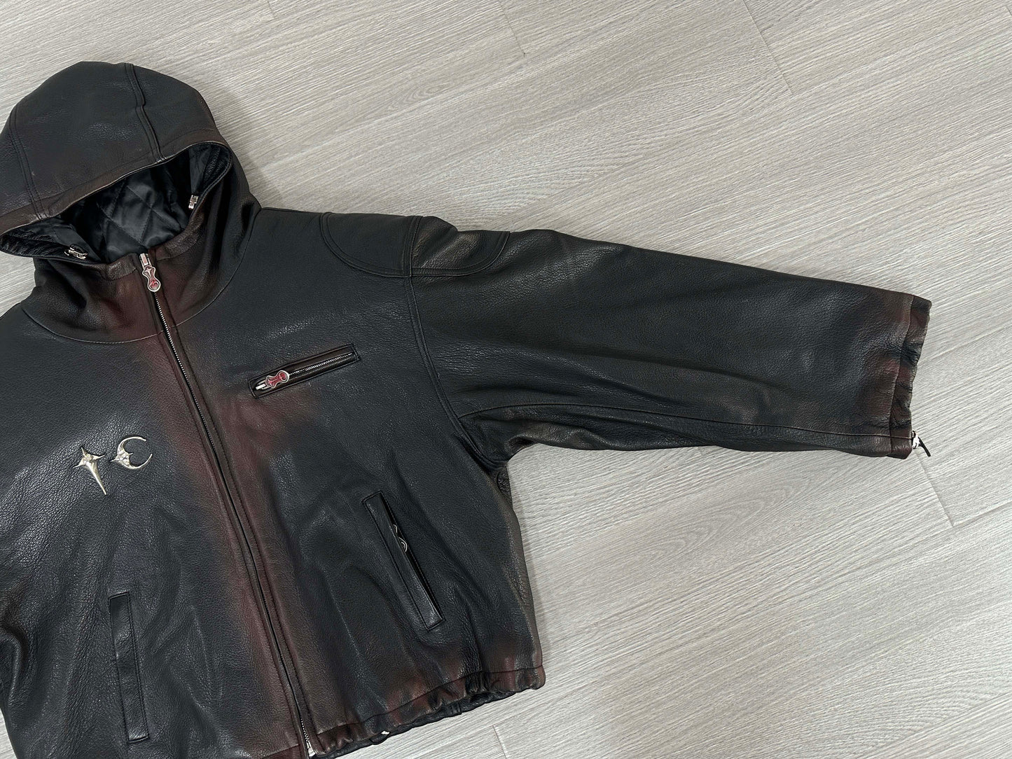 Thug Club Heavyweight Washed Goatskin Hooded Leather Short Padded Jacket