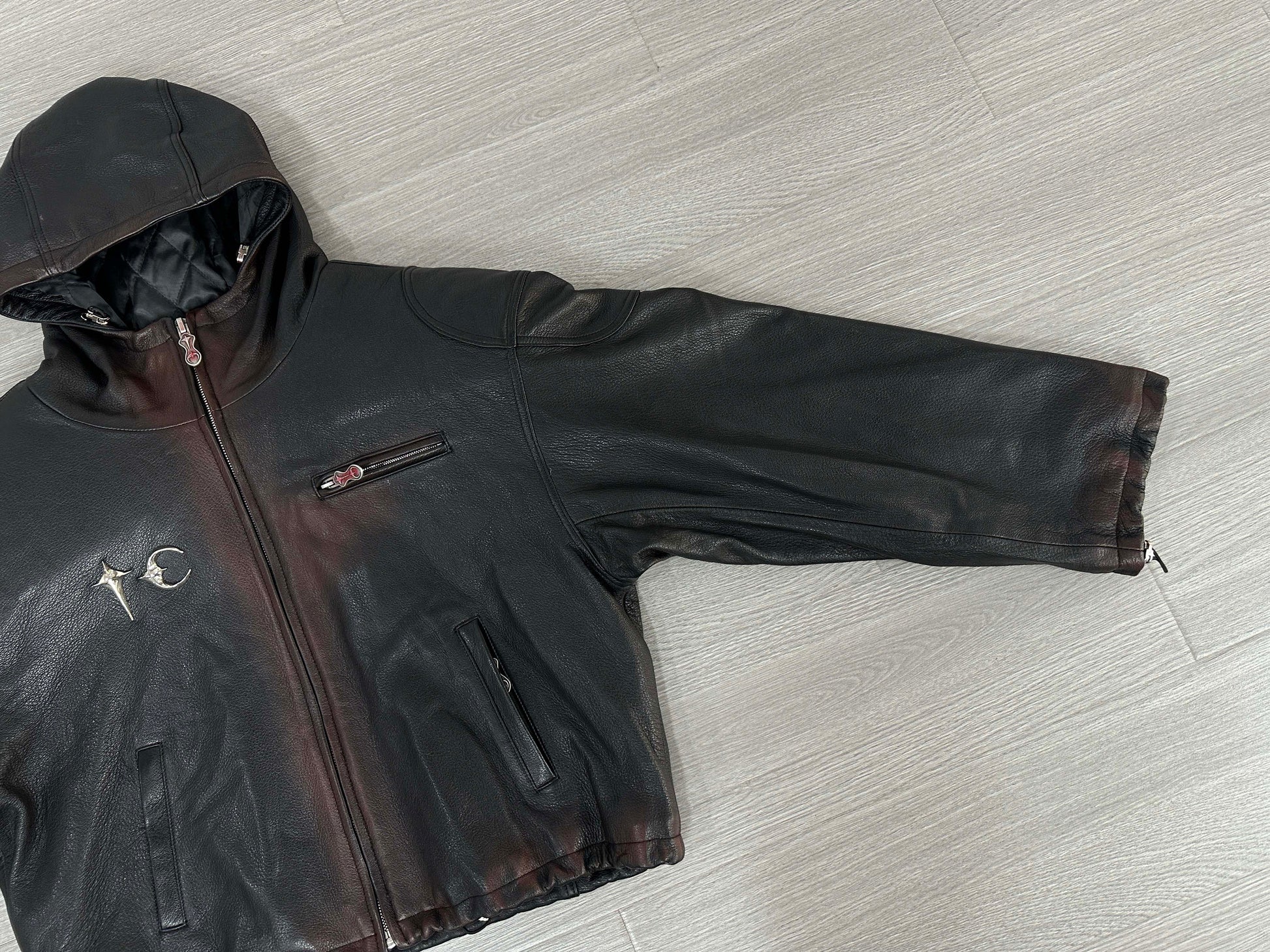 Thug Club Heavyweight Washed Goatskin Hooded Leather Short Padded Jacket