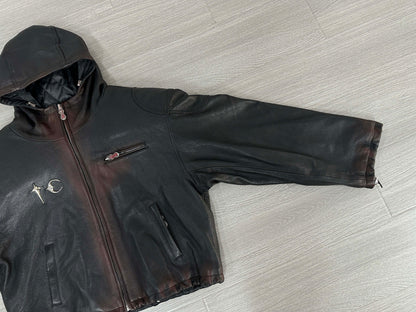 Thug Club Heavyweight Washed Goatskin Hooded Leather Short Padded Jacket