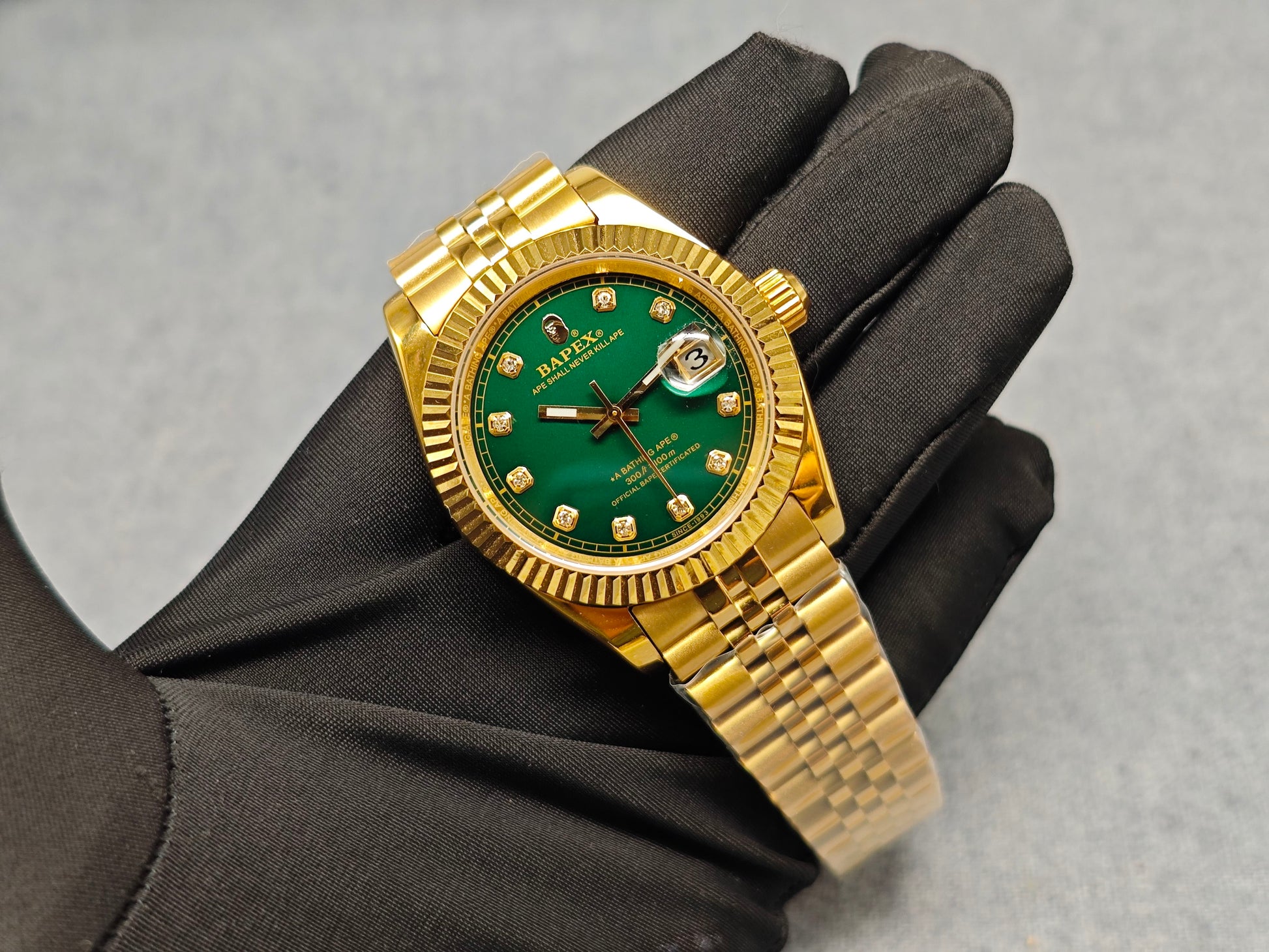 TYPE 6 BAPEX Gold-Green Ape Power Watch - Fluted Bezel Datejust Mechanical Wristwatch