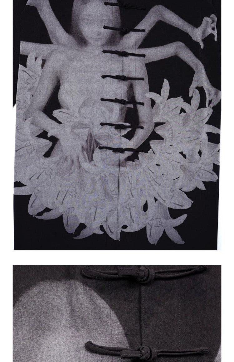 Yohji Yamamoto Dark Asura Lily Printed Mid-Length Shirt Button Closure