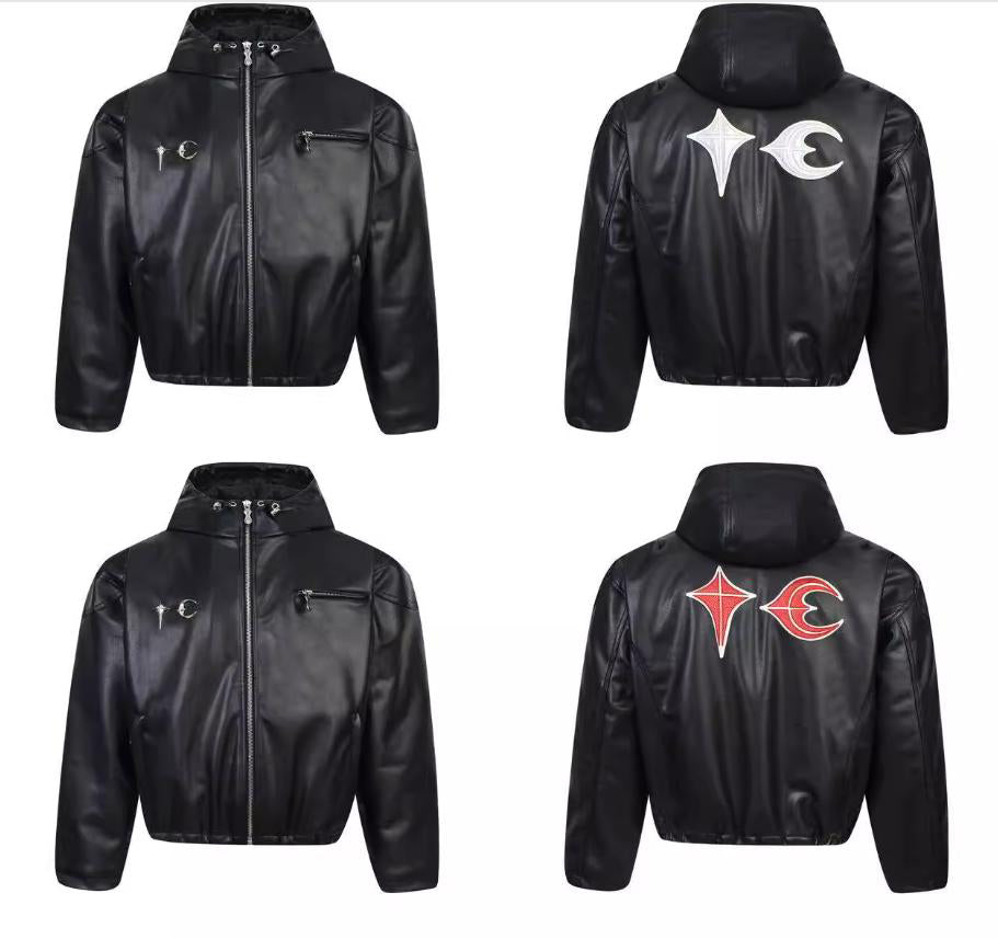 Thug Club Washed Black Hooded Leather Jacket - Cropped Biker Coat - Black White