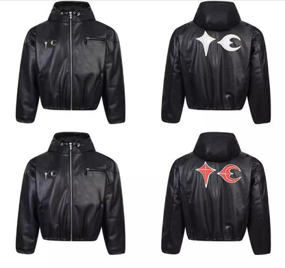 Thug Club Washed Black Hooded Leather Jacket - Cropped Biker Coat - Black White