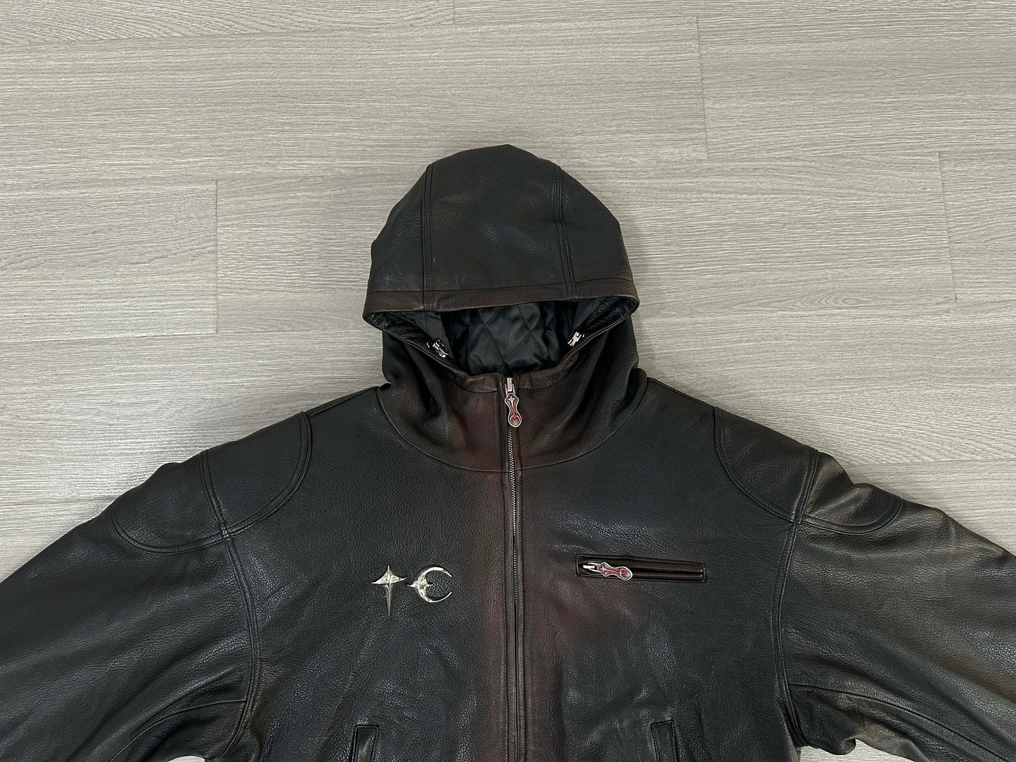 Thug Club Heavyweight Washed Goatskin Hooded Leather Short Padded Jacket