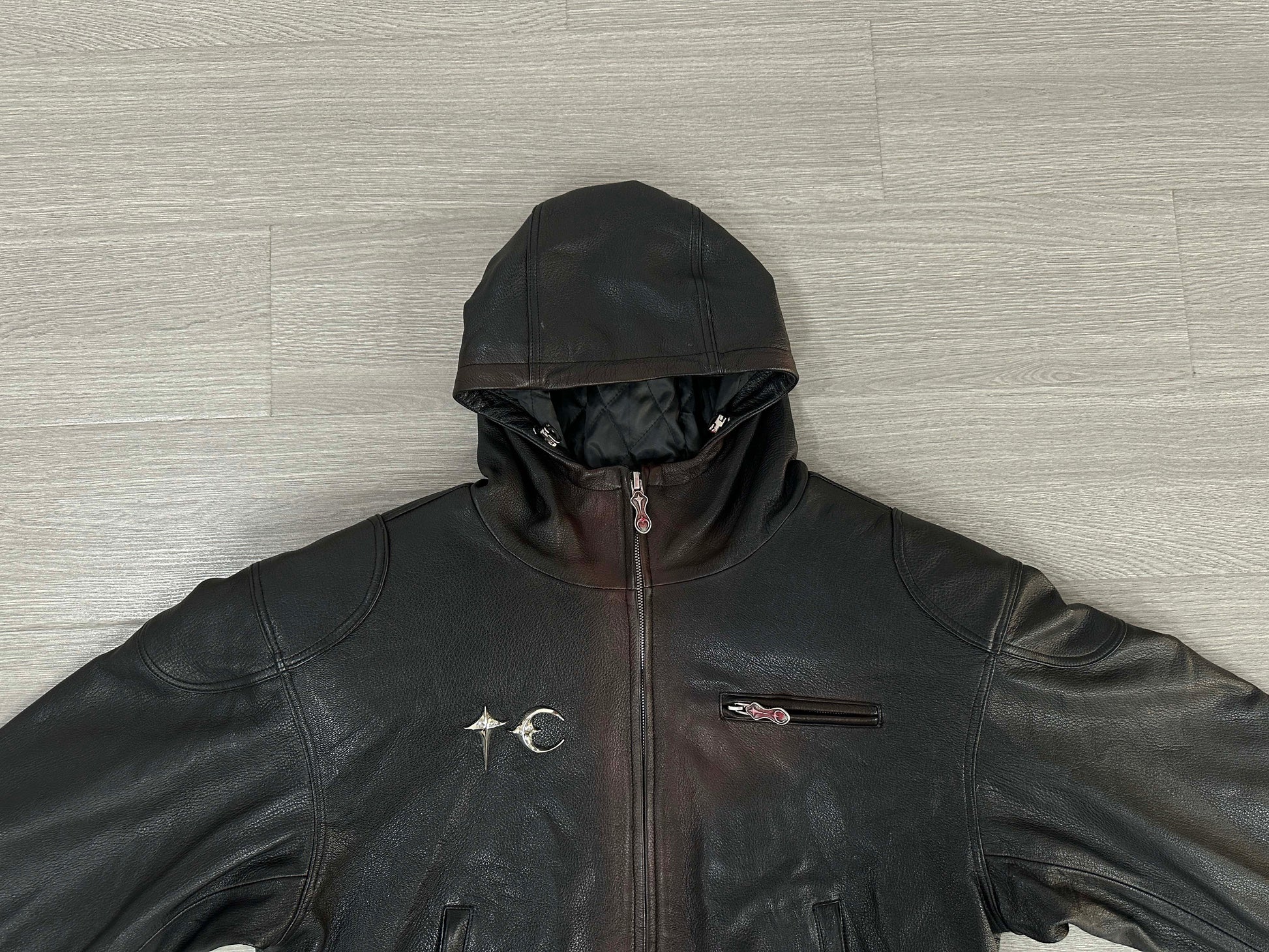 Thug Club Heavyweight Washed Goatskin Hooded Leather Short Padded Jacket
