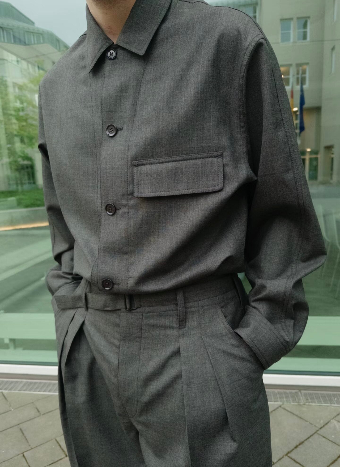 LEM SS25 Black-Grey Wool Shirt Jacket - 100% Wool Button-Front Overshirt