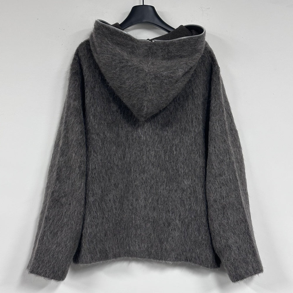 Our Legacy Grey Mohair Zip Cardigan – Wool Blend Relaxed Hooded Knit