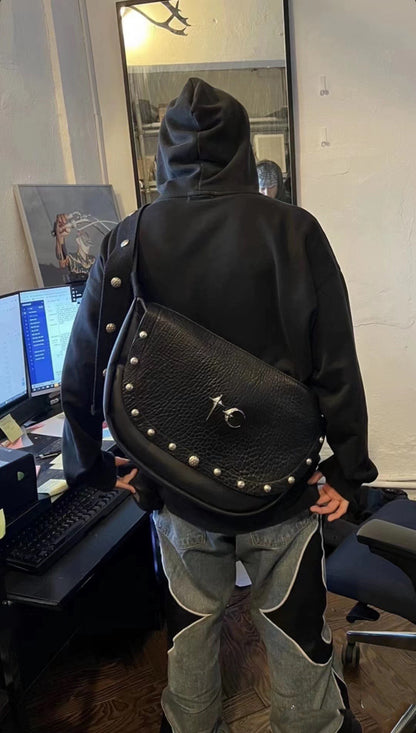 Thug Club 23SS Genuine Leather Shoulder Bag Grain Biker Crossbody Bag - Black