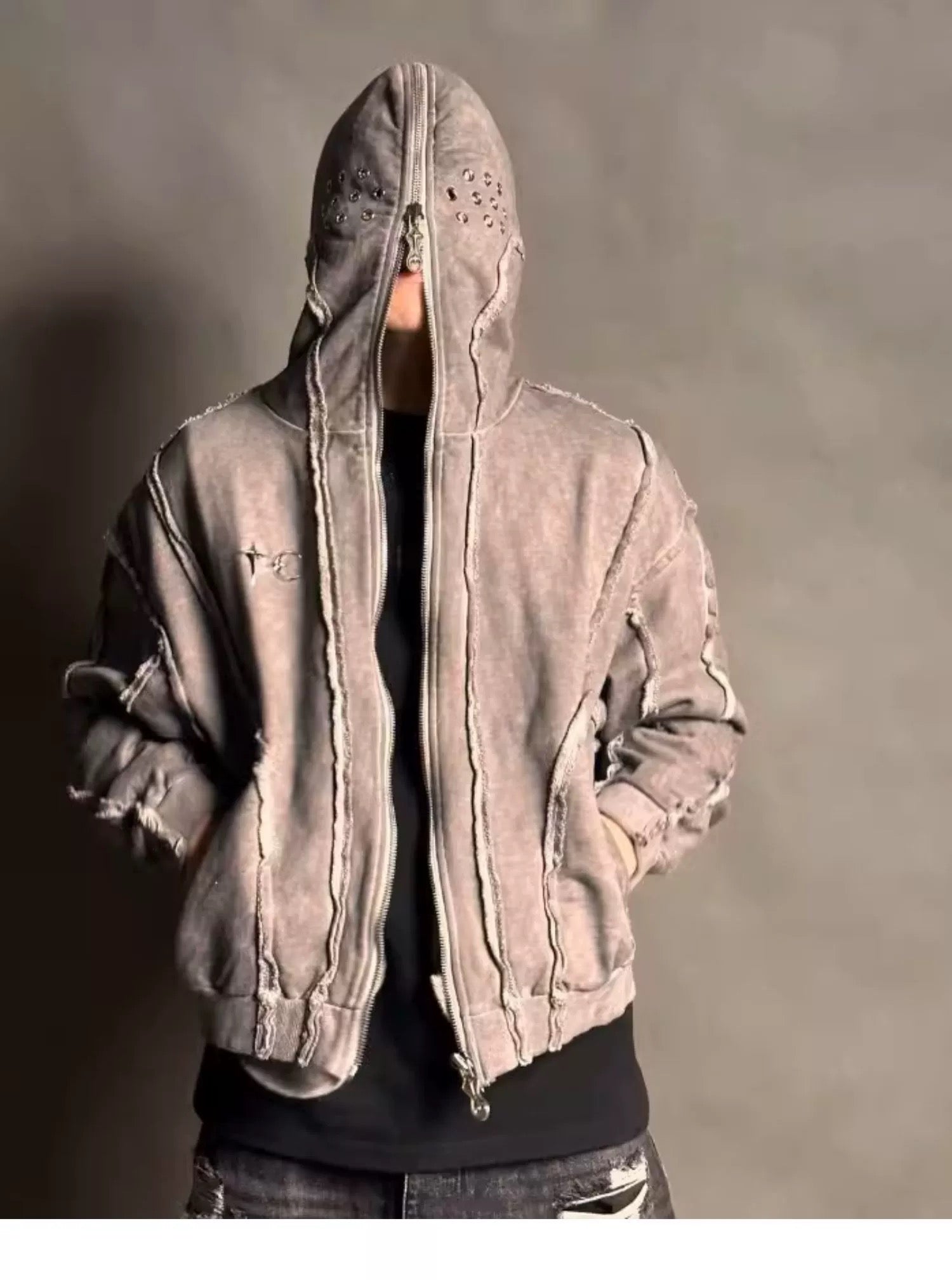 THUG CLUB Washed Wax-Dye Shark Mask Zip-Up Hoodie Outerwear Jackets