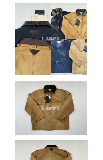 24SS Goatskin Patchwork Workwear Jacket with Leather Collar-Oversized Silhouette