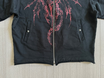 THUG CLUB Heavyweight Hoodie Dragon Spine Demon Print Studded Washed Zip-Up Jackets
