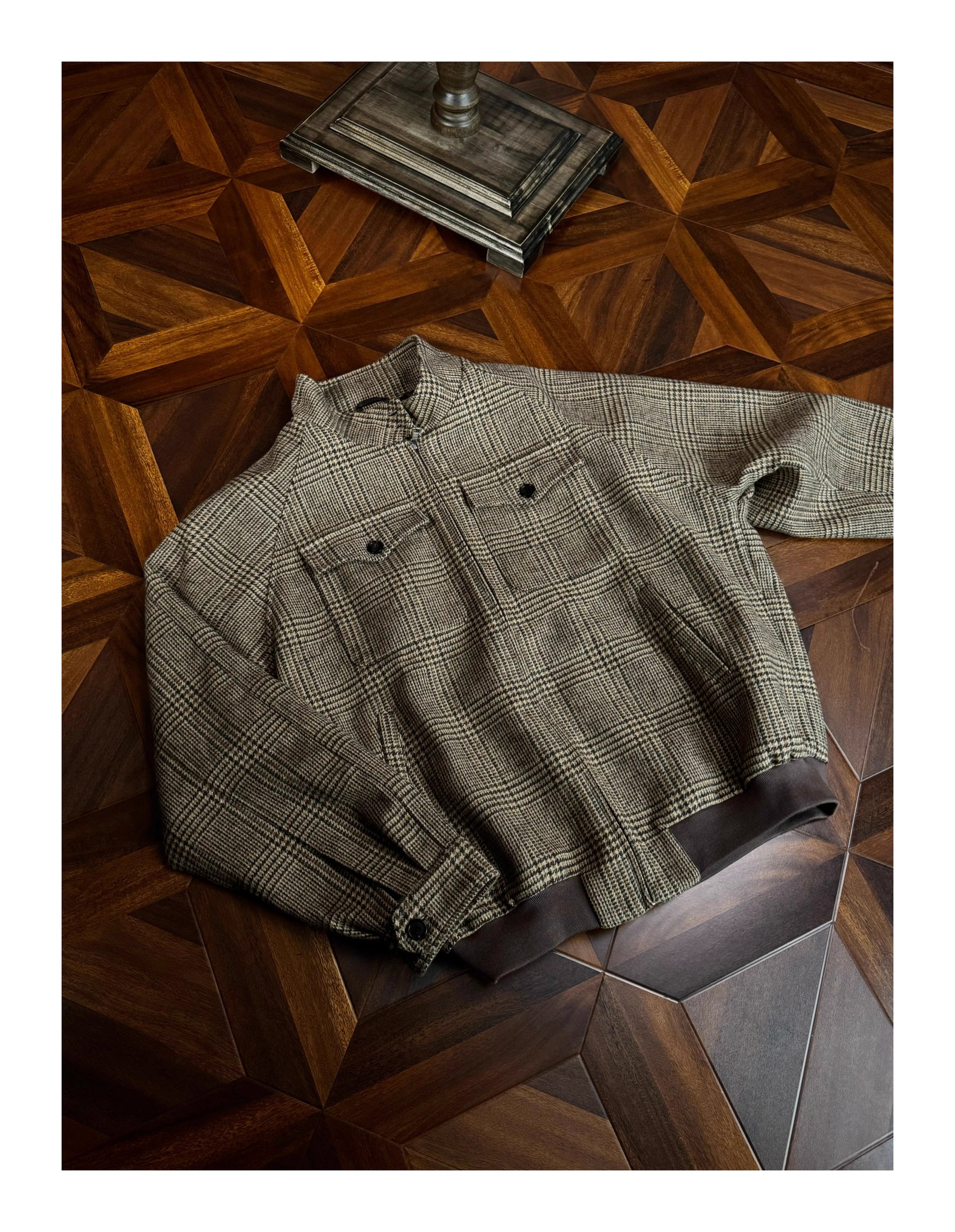 Prince of Wales Houndstooth Wool Harrington Jacket – Tailored Short Fit 48% Wool