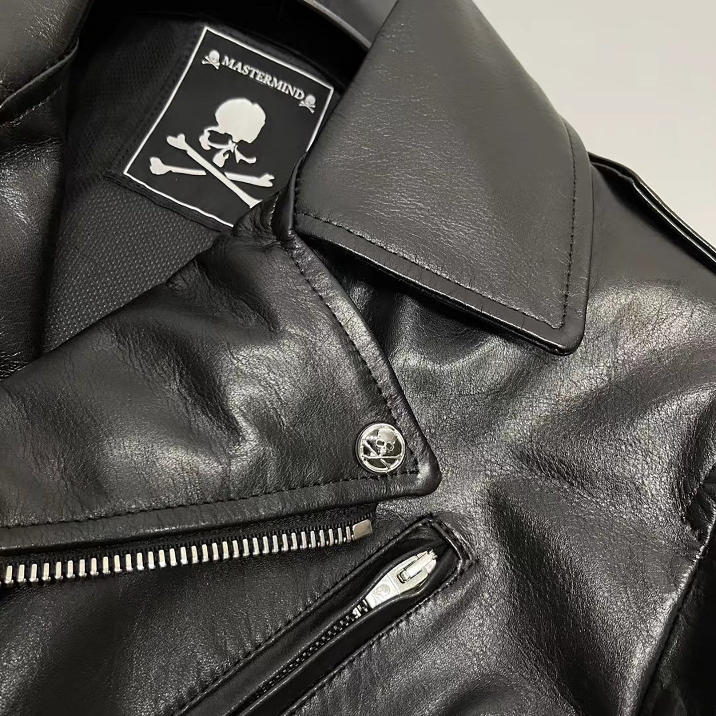 MASTERMIND Skull Embroidery Cowhide Biker Jacket - Luxury Darkwear