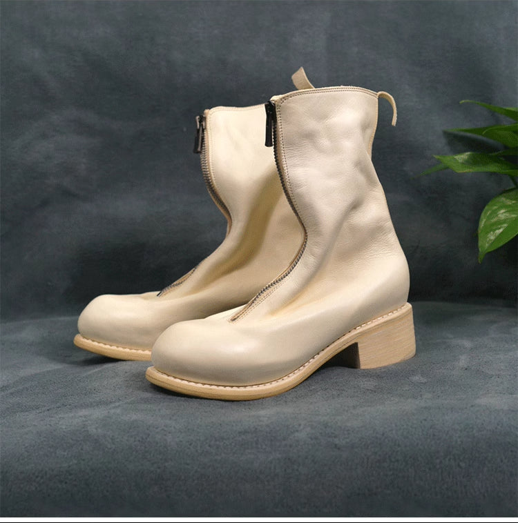 Guidi Horse Leather Distressed Chunky Heel Mid-Calf Ankle Boots PL1/2 Front-Zip