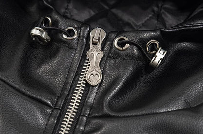 Thug Club Washed Black Hooded Leather Jacket - Cropped Biker Coat - 