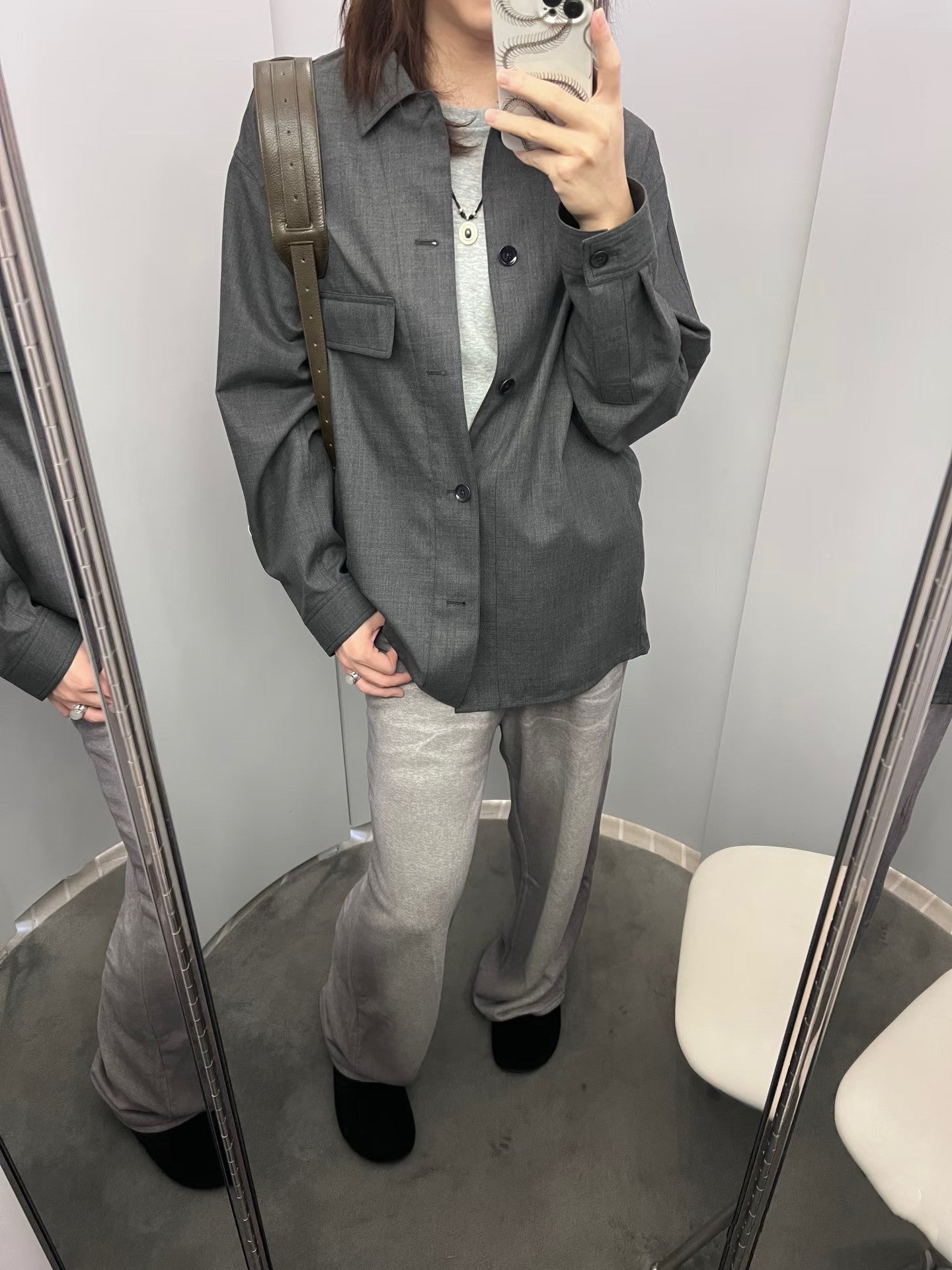 LEM SS25 Black-Grey Wool Shirt Jacket - 100% Wool Button-Front Overshirt