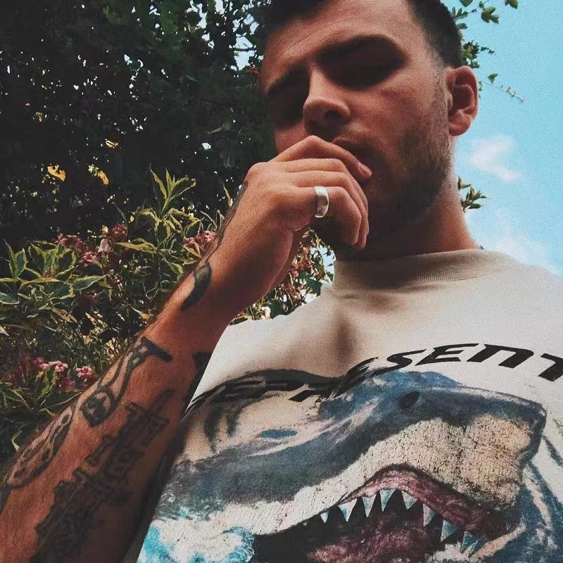 REPRESENT Washed Distressed Doberman Shark Short-Sleeve T-Shirt FOG