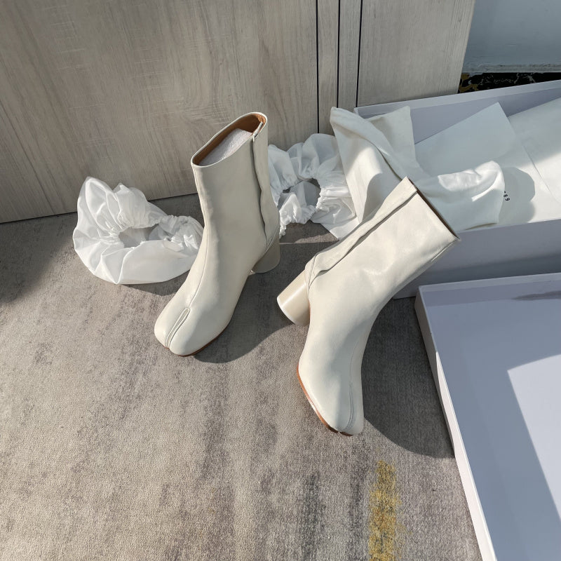 25AW Women’s Tabi Heel Boots - 8cm Stiletto Calfskin Split-Toe Ankle Boots