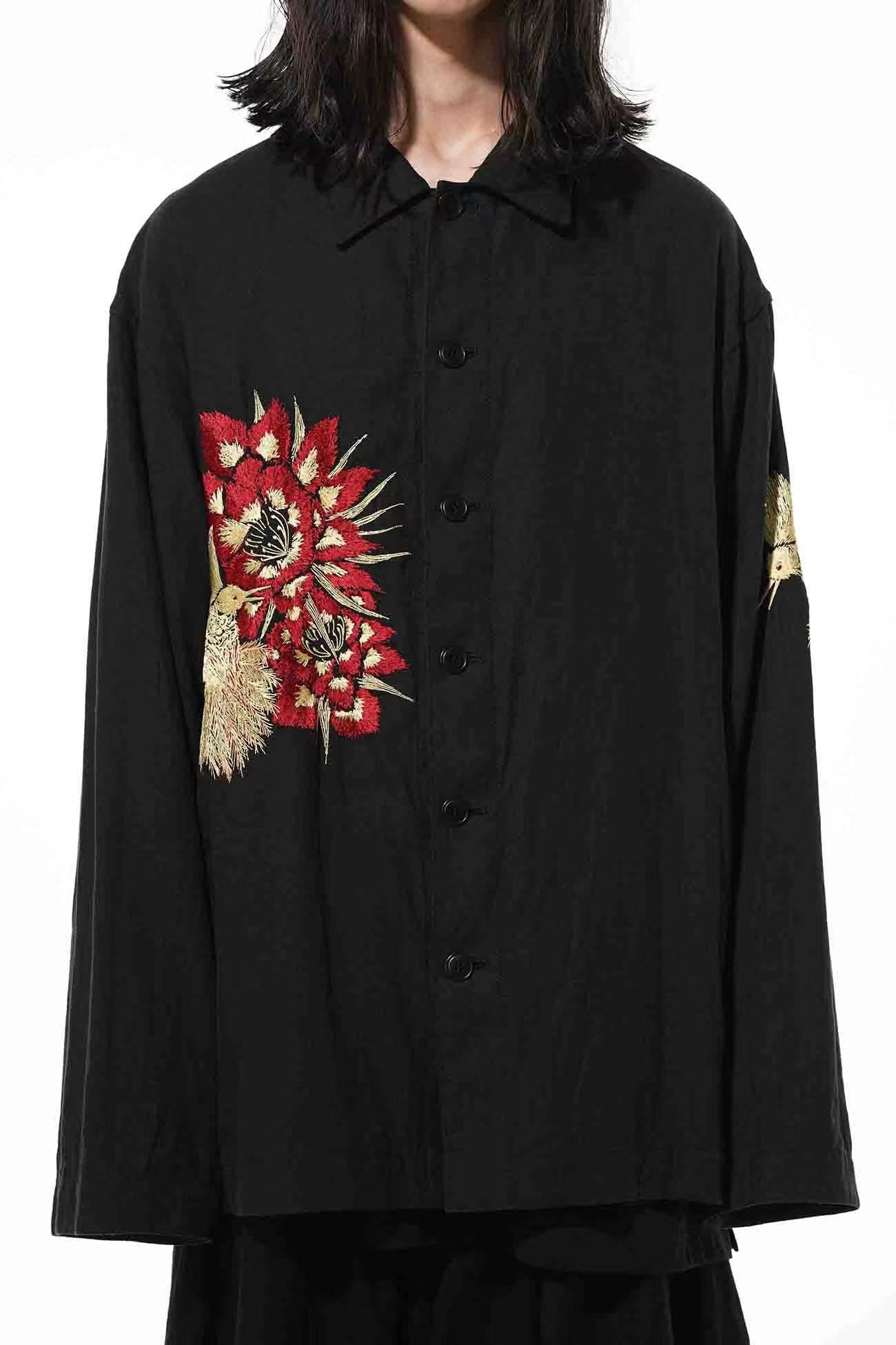 Yohji Yamamoto Hummingbird Embroidered Silk-Linen Jacket Long Sleeve