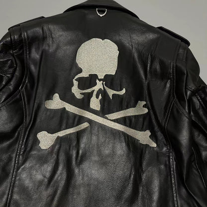 MASTERMIND Skull Embroidery Cowhide Biker Jacket - Luxury Darkwear