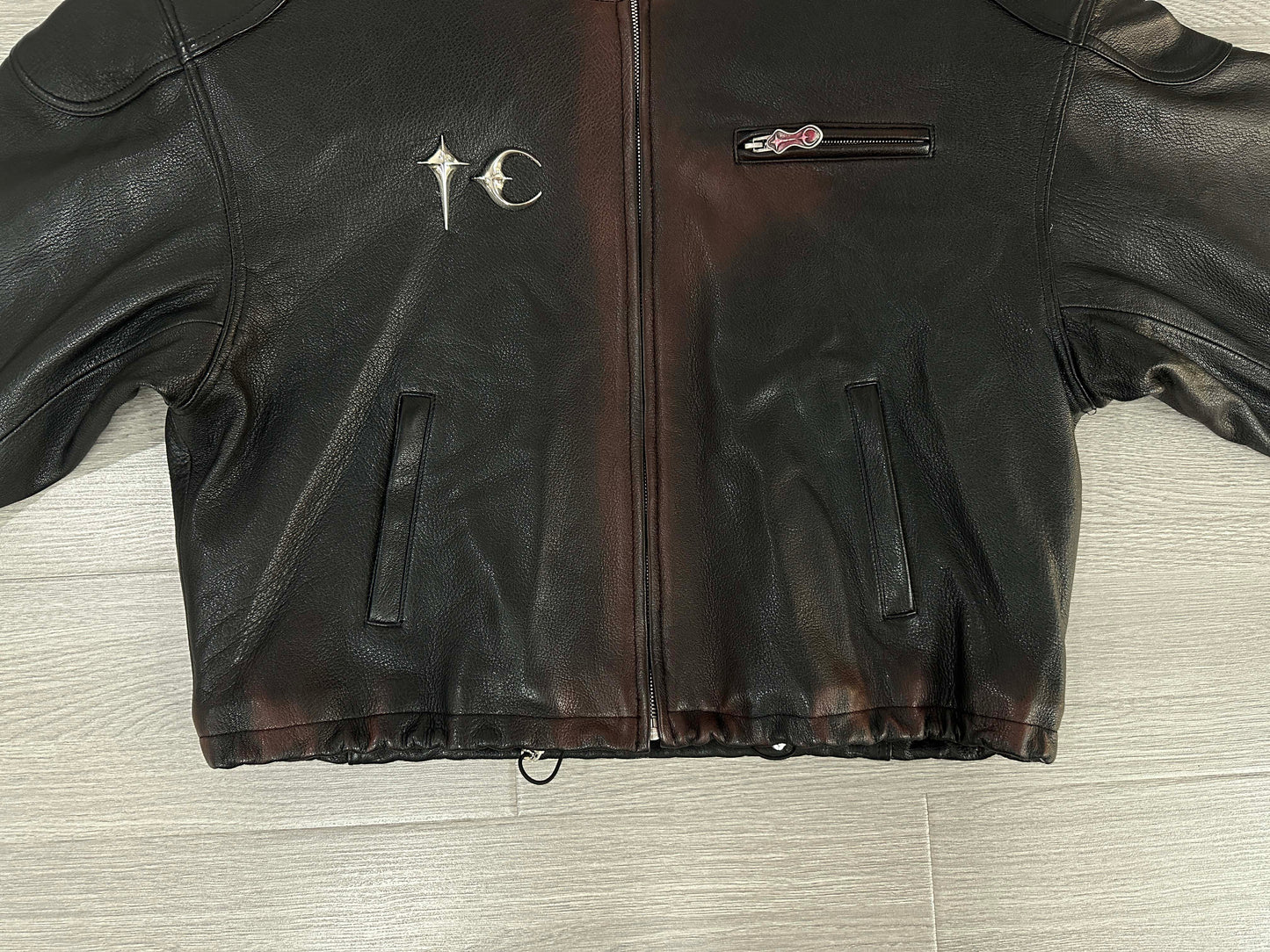 Thug Club Heavyweight Washed Goatskin Hooded Leather Short Padded Jacket