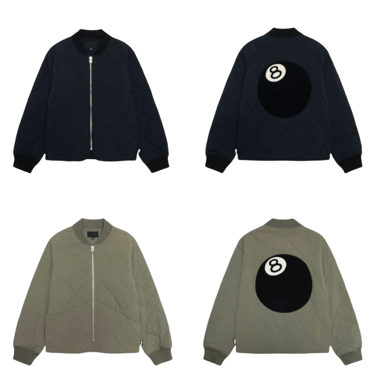 23FW Stussy 8 BALL Black Diamond Grid Zipper Jacket Loose Casual Retro Cotton Outerwear - Green
