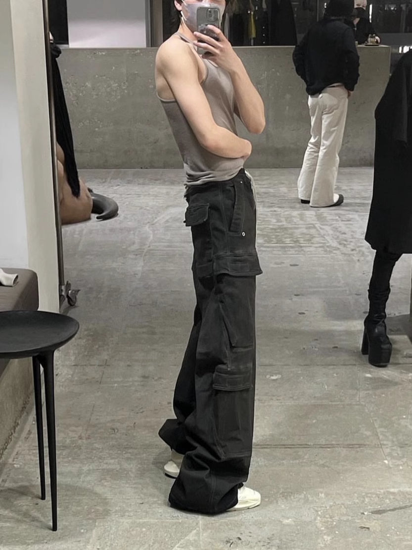 23SS Rick Owen Wide-Leg Washed Gray Jeans Ash Gray Unisex Cargo Pants - Size avaliable S ~ L