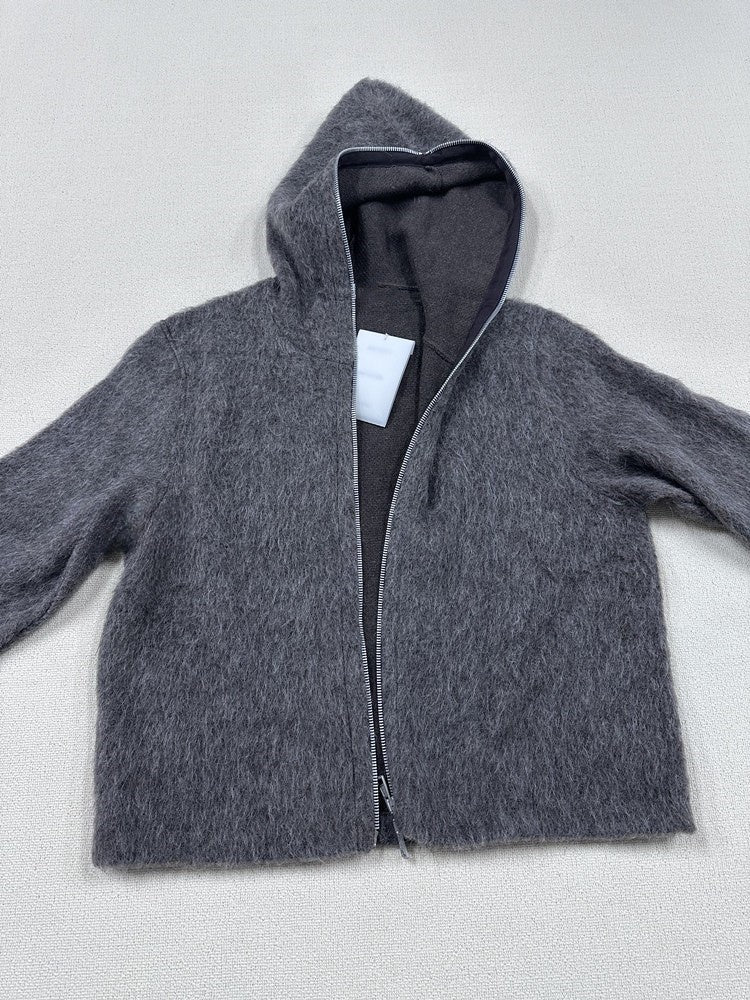 Our Legacy Grey Mohair Zip Cardigan – Wool Blend Relaxed Hooded Knit