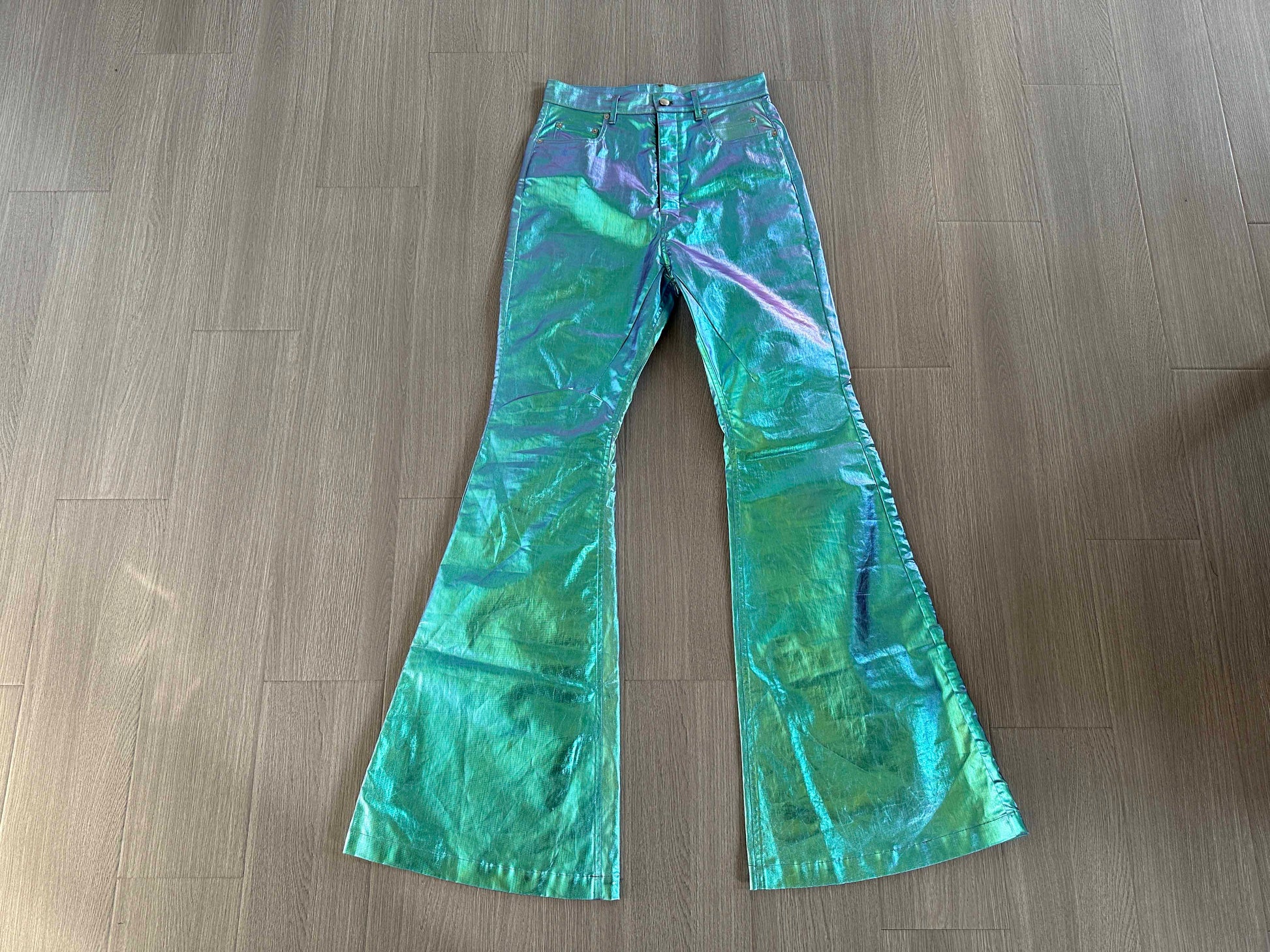 Rick Owen Acbt Coated Green Iridescent Flared Jeans - Wide-Leg Stacked Pants