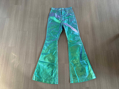 Rick Owen Acbt Coated Green Iridescent Flared Jeans - Wide-Leg Stacked Pants