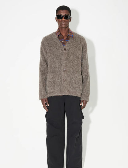 Our Legacy Gray-Brown Mohair Cardigan Wool Blend Knitted Long Sleeve V-Neck Sweater