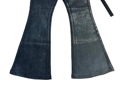 Rick Owen ACBT Dark Waxed Black Denim Pants – High Stretch Flared Wide-Leg Trousers - Size avaliable 28~34
