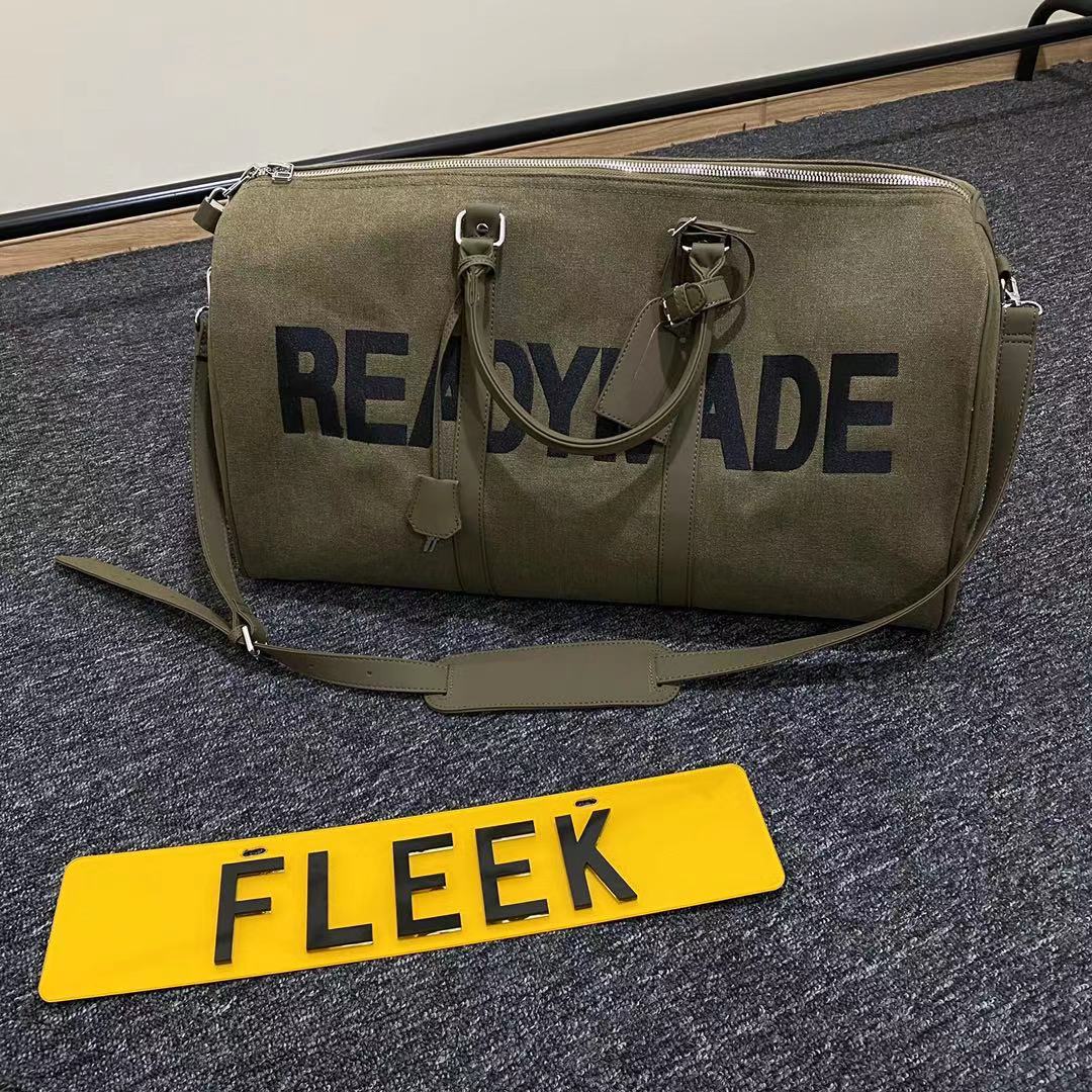 Readymade Overnight Bag - Army Green Canvas Embroidered Travel Bucket Gym Bag - Green