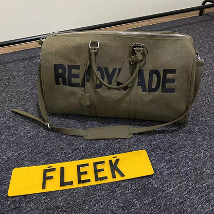 Readymade Overnight Bag - Army Green Canvas Embroidered Travel Bucket Gym Bag - Green