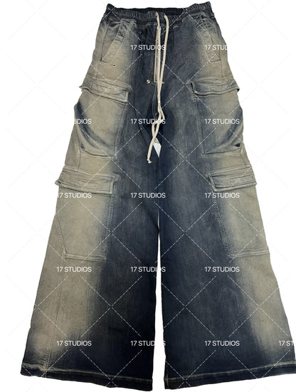 Ro Washed Gradient Multi-Pocket Cargo Jeans Straight Drawstring Wide-Leg Flare - Size avaliable S 46 M 48 L 50
